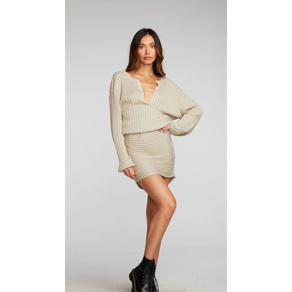 Chaser NWOT Lurex Rib Knit Mini Dress with Shirring sz Small Womens Gold Beige M